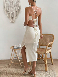 Midi-Strandkleid mit Spaghettiträgern, Cut-Out & Seitenschlitz | Apricot-1
