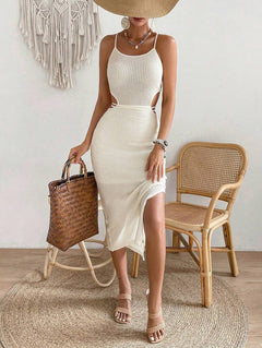 Midi-Strandkleid mit Spaghettiträgern, Cut-Out & Seitenschlitz | Apricot-2