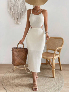 Midi-Strandkleid mit Spaghettiträgern, Cut-Out & Seitenschlitz | Apricot-3