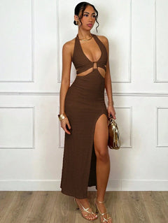 Bodycon Maxikleid mit Halter-Ausschnitt, Taillen-Cut-Out & Seitenschlitz | Coffee-4