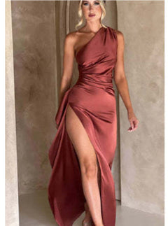 Sexy One-shoulder Backless Slit Dress Summer Elegant Slim-fit Solid Color Satin Dresses For Women-1